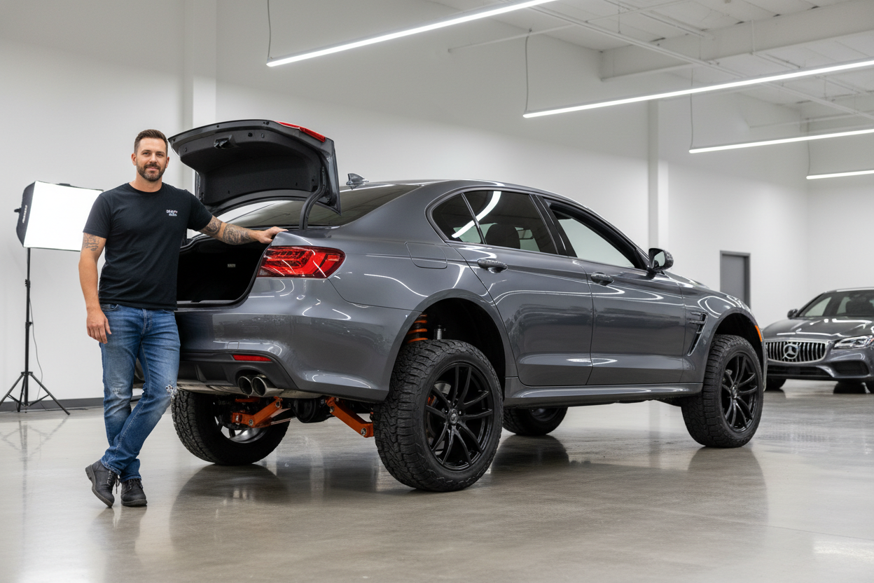Ride Height Lift Kit for Car - A man beside the sedan car rear view